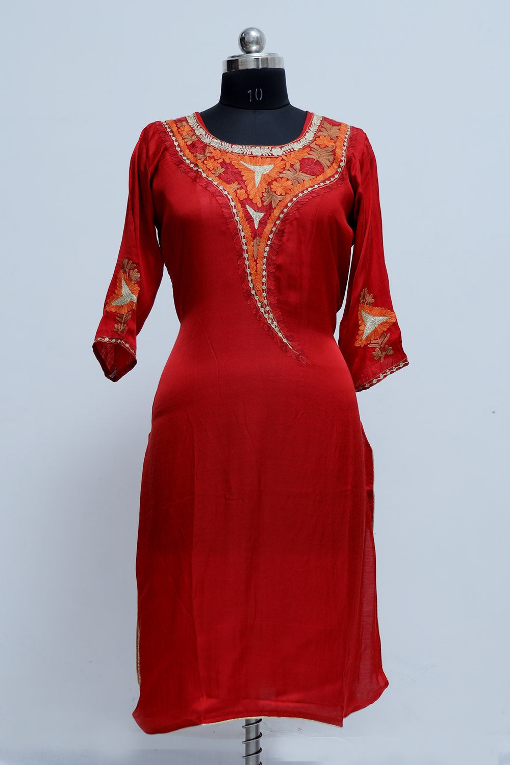 Red Colour Kashmiri Crepe Kurti With Beautiful Aari