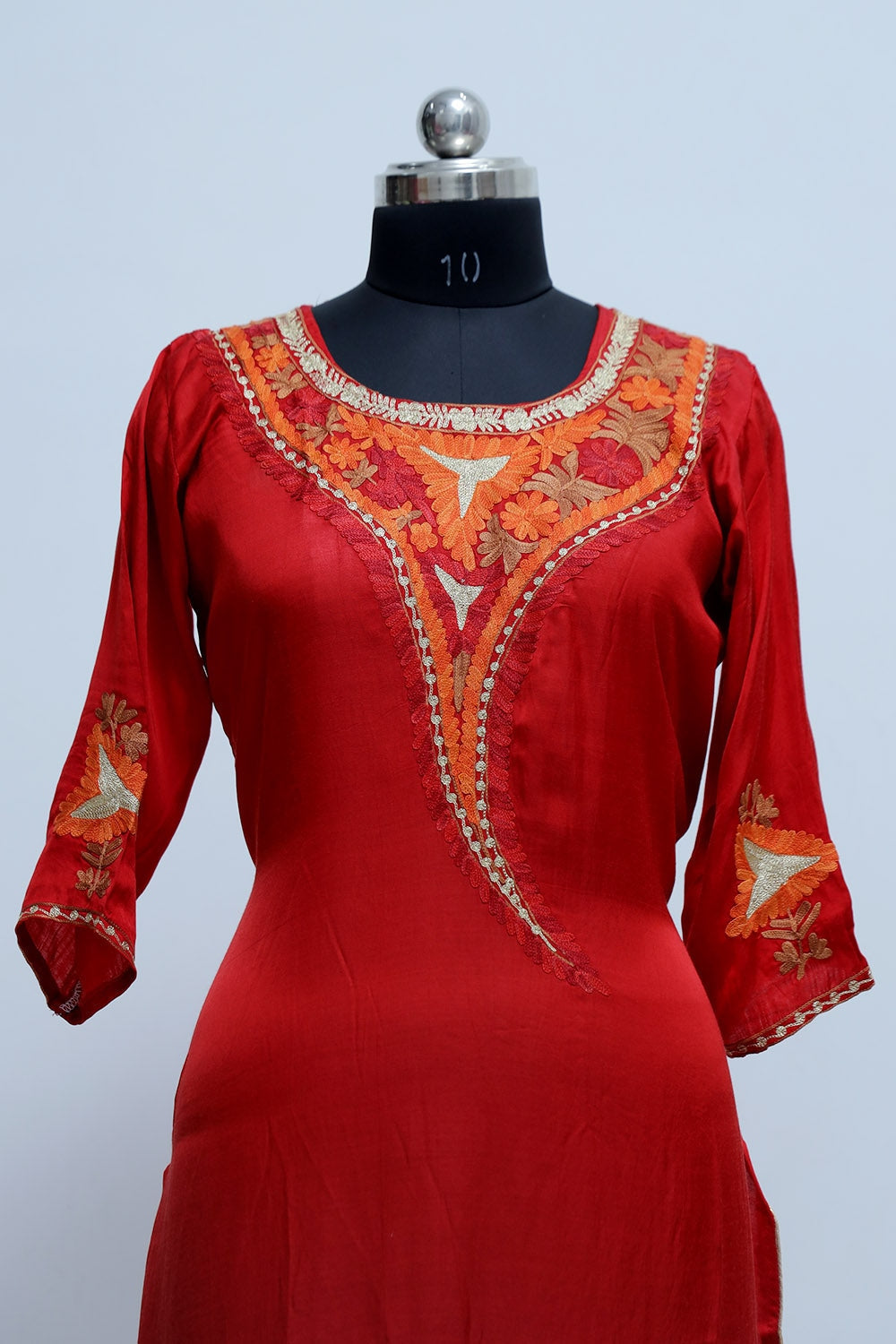 Red Colour Kashmiri Crepe Kurti With Beautiful Aari