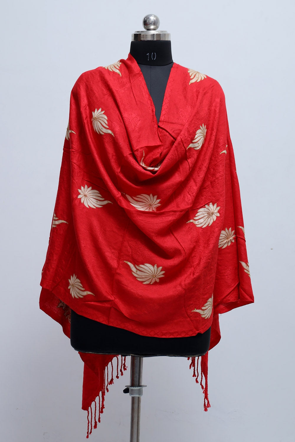 Red Colour Stole Enriched With Aari Embroidery And A Touch