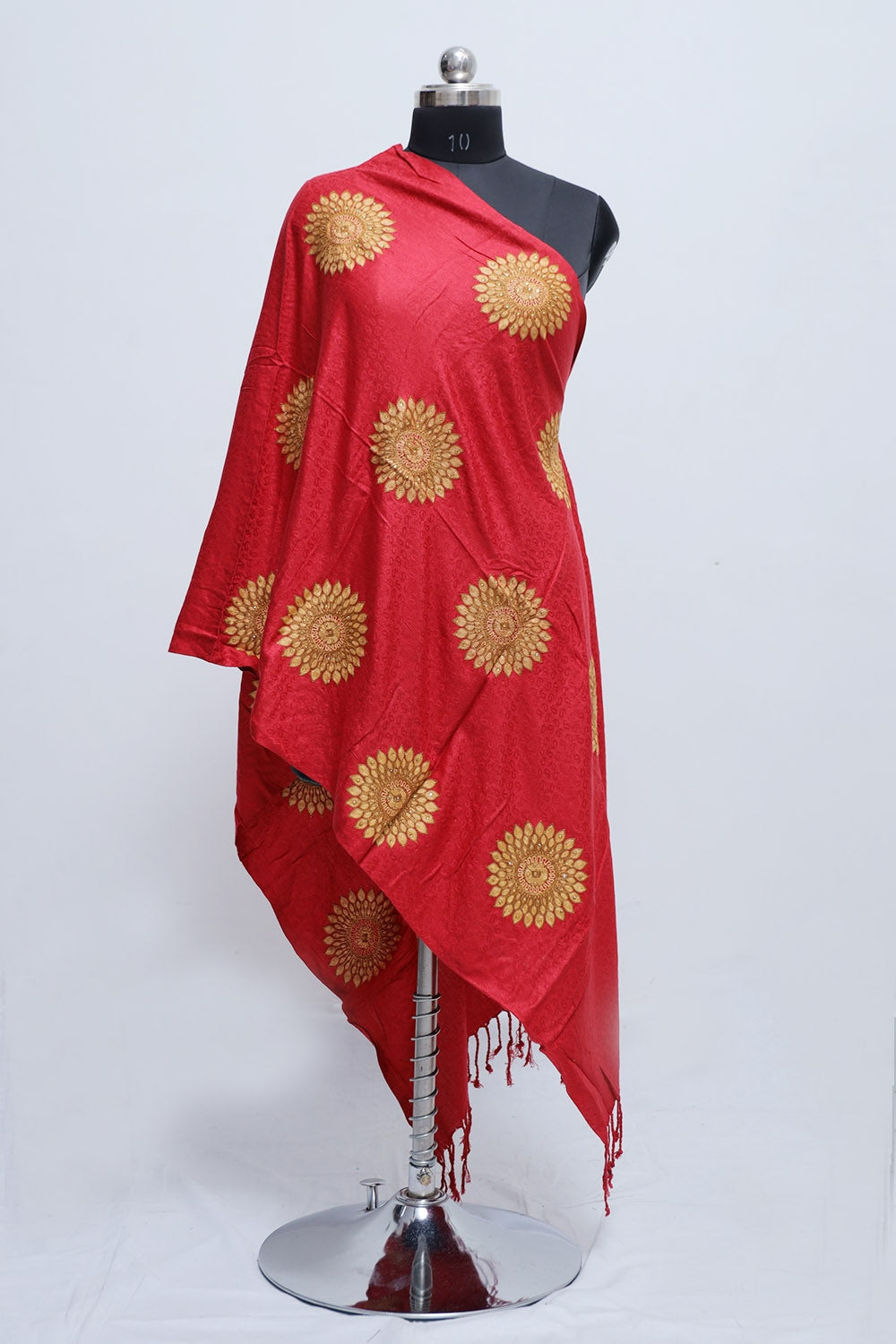 Red Colour Stole Enriched With Aari Embroidery And A Touch