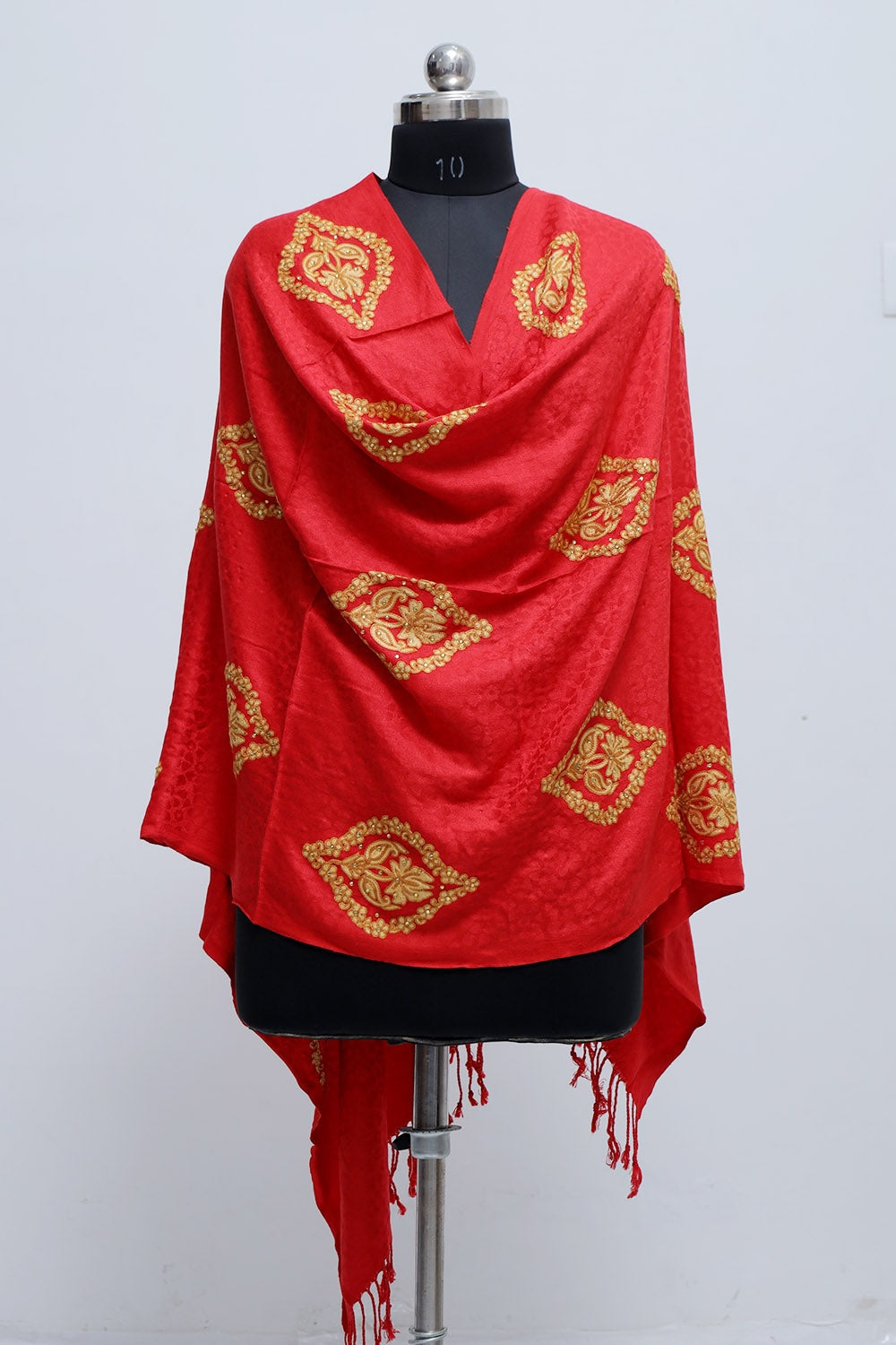 Hot Red Colour Stole Enriched With Aari Embroidery