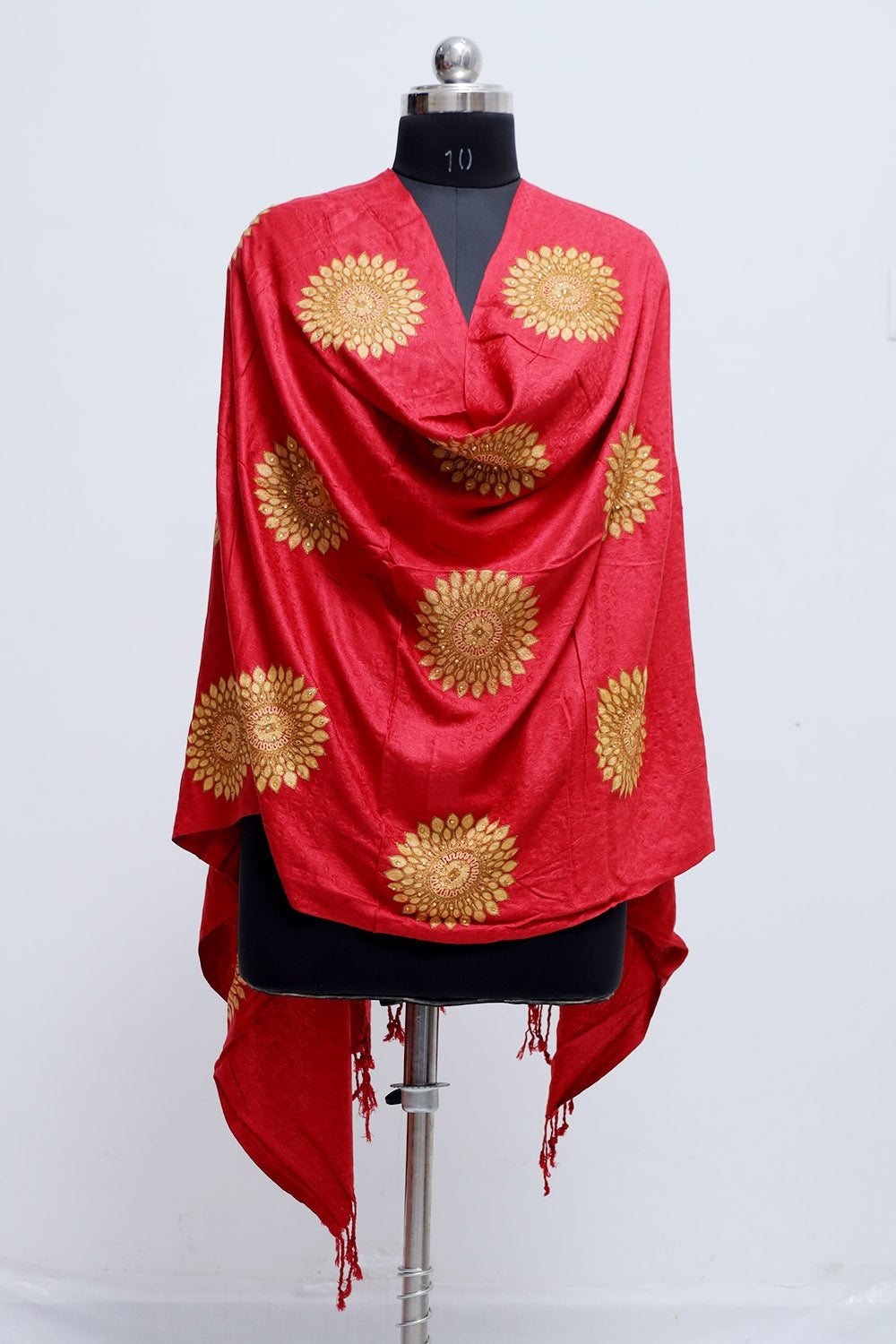 Red Colour Stole Enriched With Aari Embroidery And A Touch