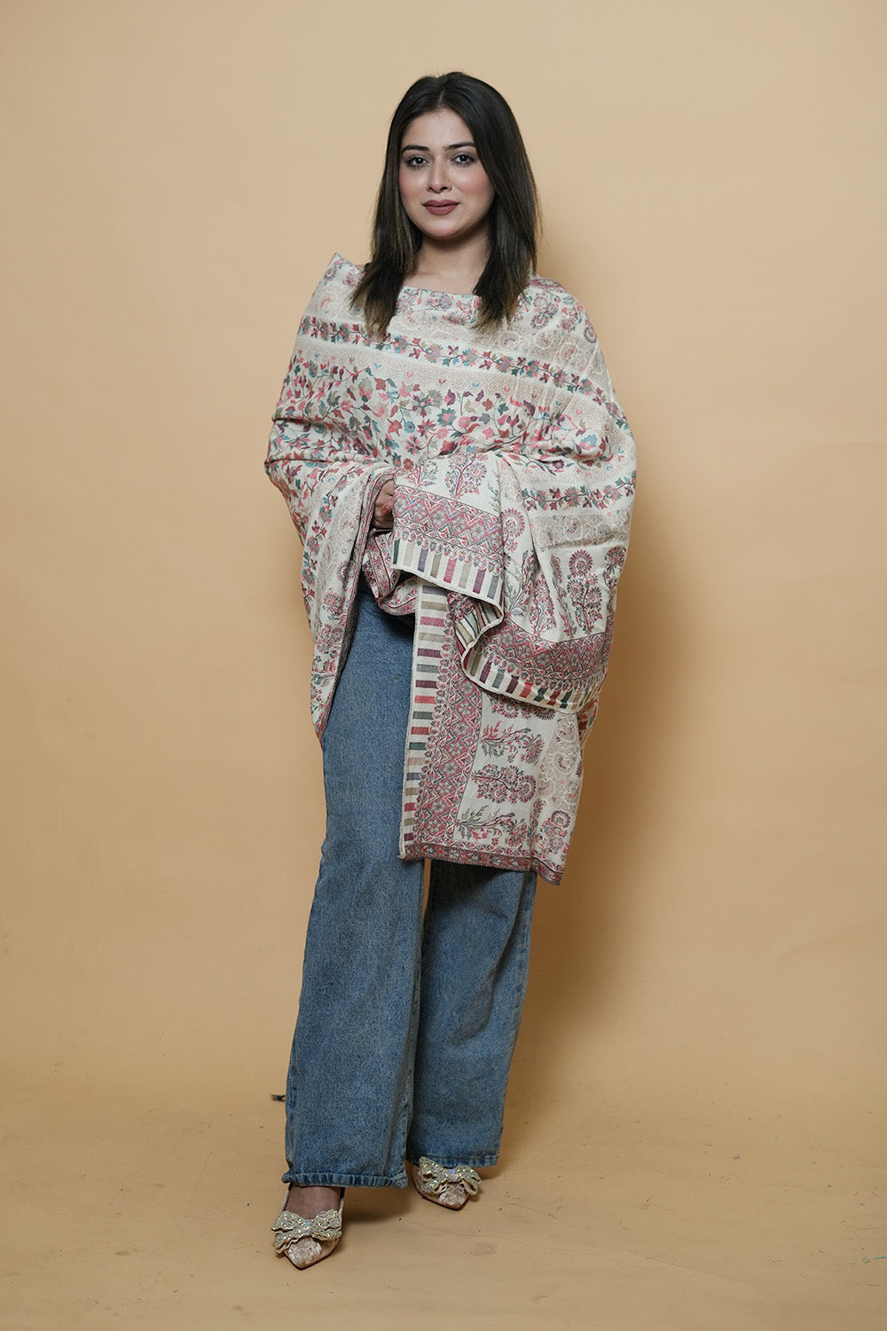 Cream Colour Beautiful Kani Border Along With All Over