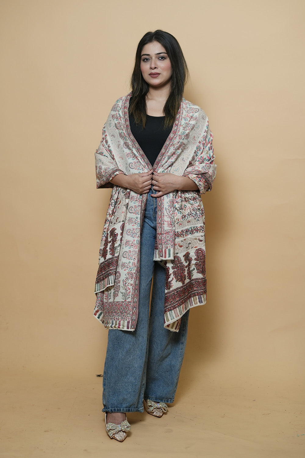 Cream Colour Beautiful Kani Border Along With All Over