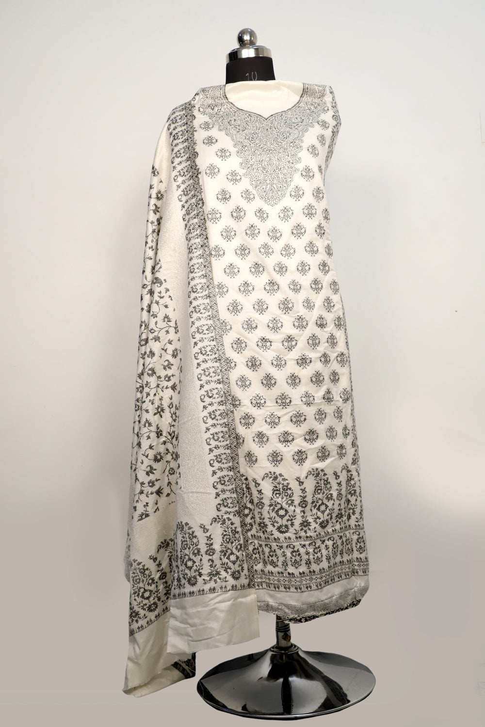 Cream White Color Woolen Kashmiri Kani Work Unstitched Suit