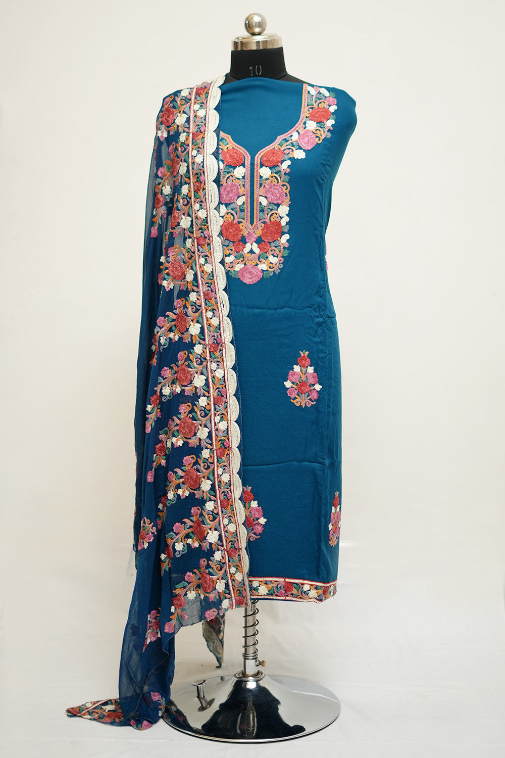 Dark blue colour aari work salwar kameez with neckline pattern