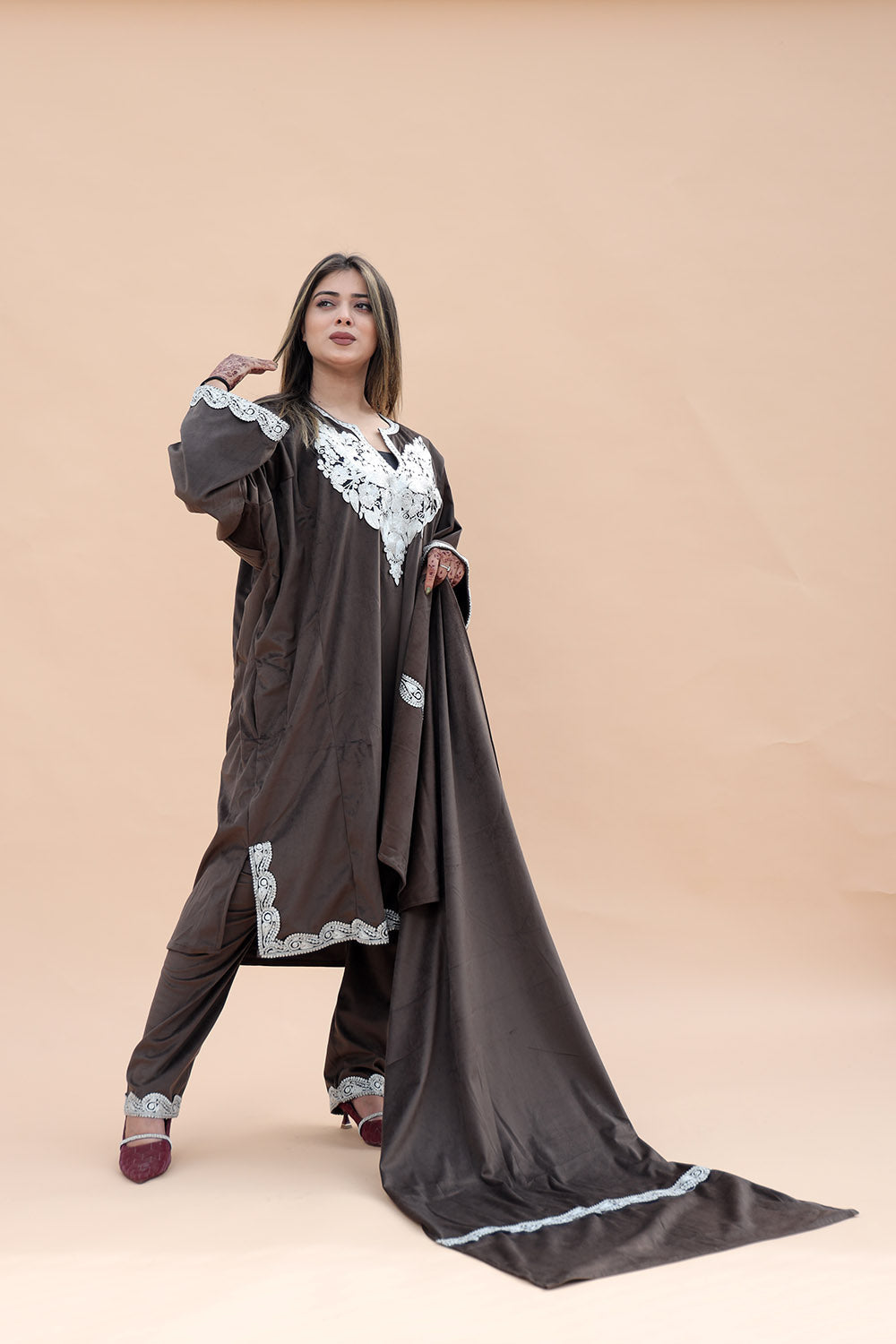 Dark Brown Color Kashmiri Pheran Set With Tilla Patch Work