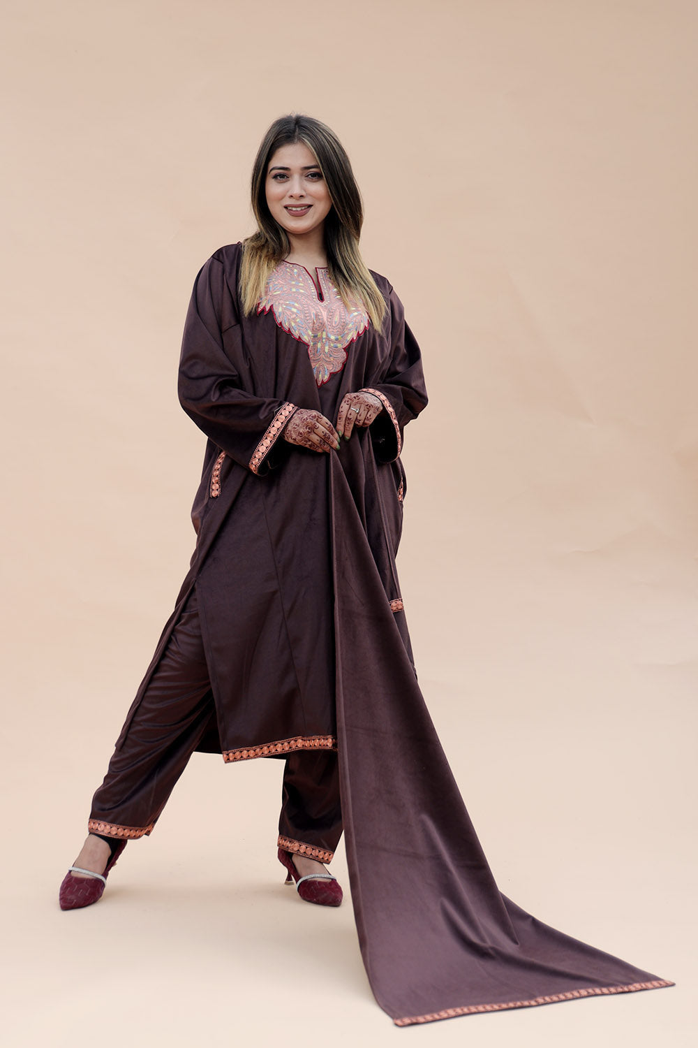 Dark Brown Color Kashmiri Pheran Set With Tilla Patch Work