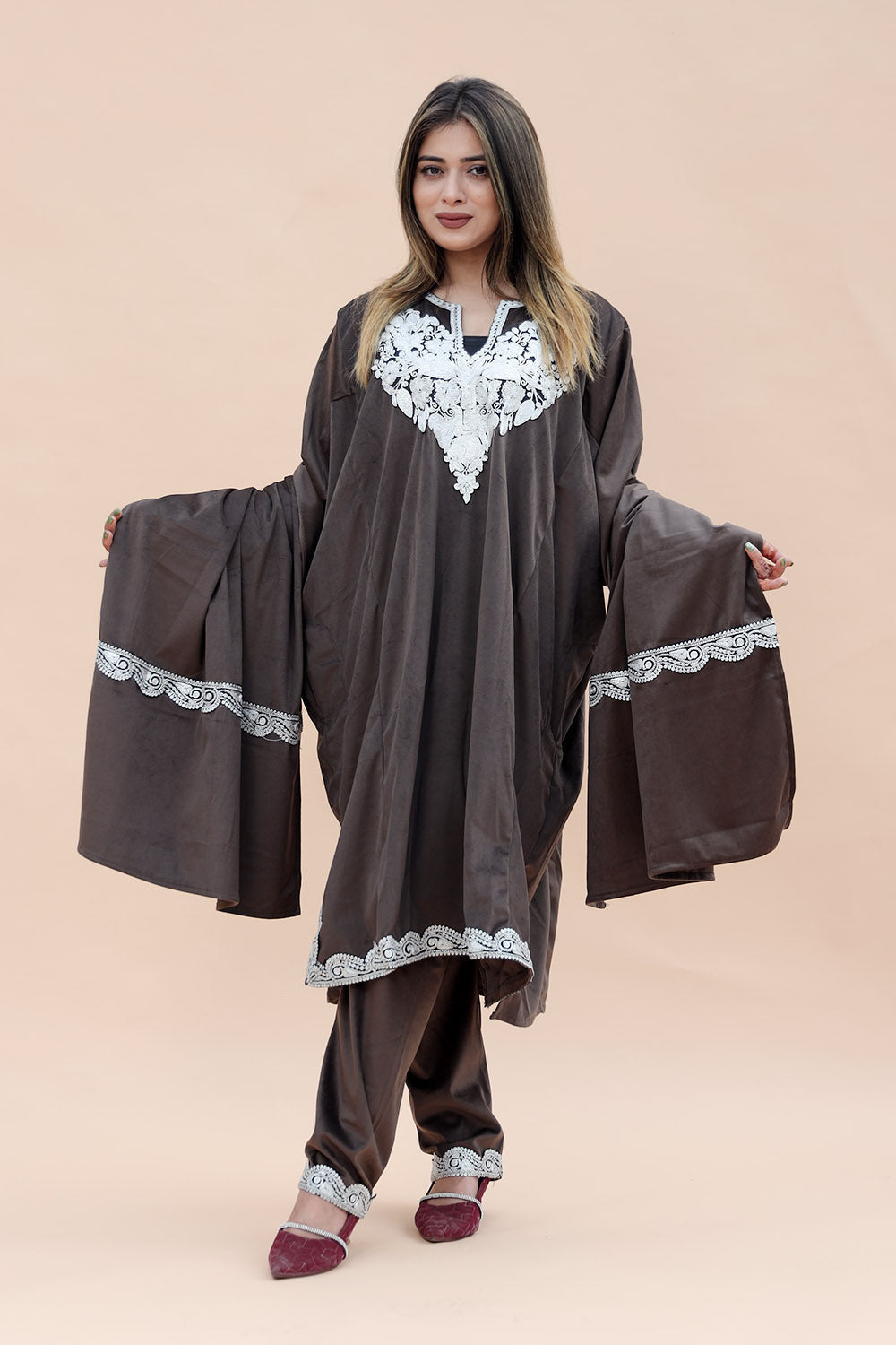 Dark Brown Color Kashmiri Pheran Set With Tilla Patch Work