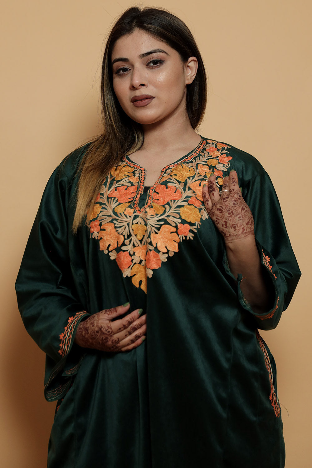 Dark Green Color Kashmiri Pheran Set With Kashida Aari Work