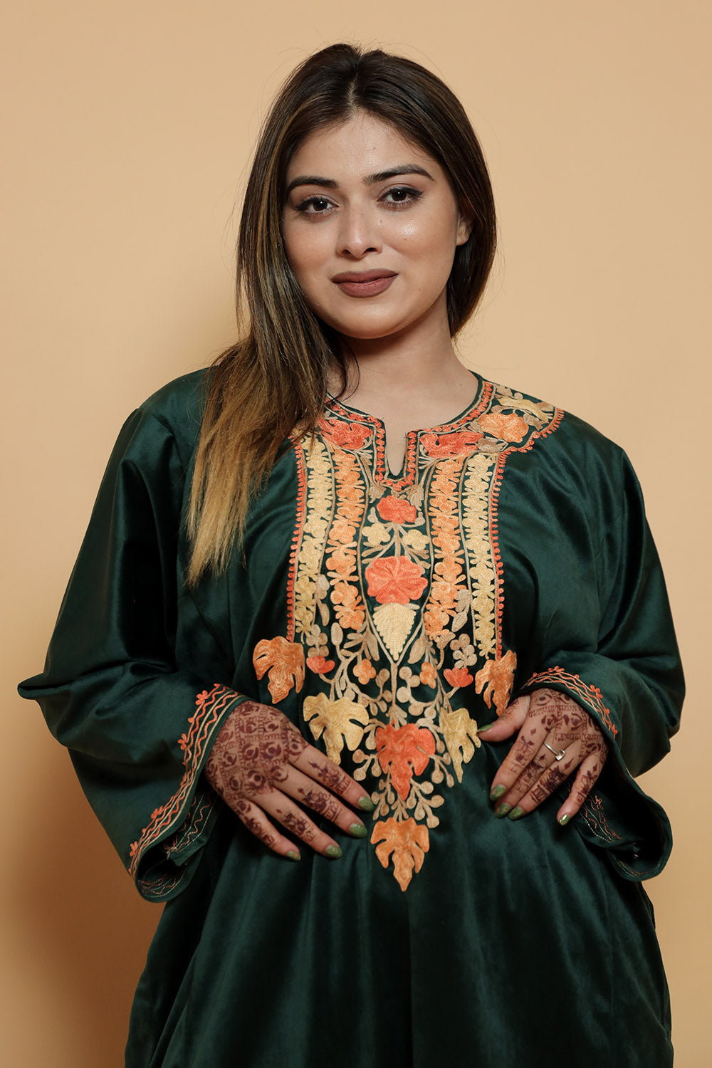 Dark Green Color Kashmiri Pheran Set With Kashida Aari Work