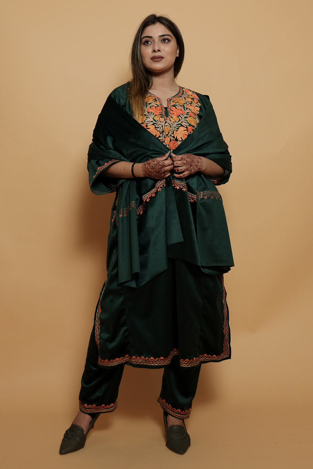 Dark Green Color Kashmiri Pheran Set With Kashida Aari Work