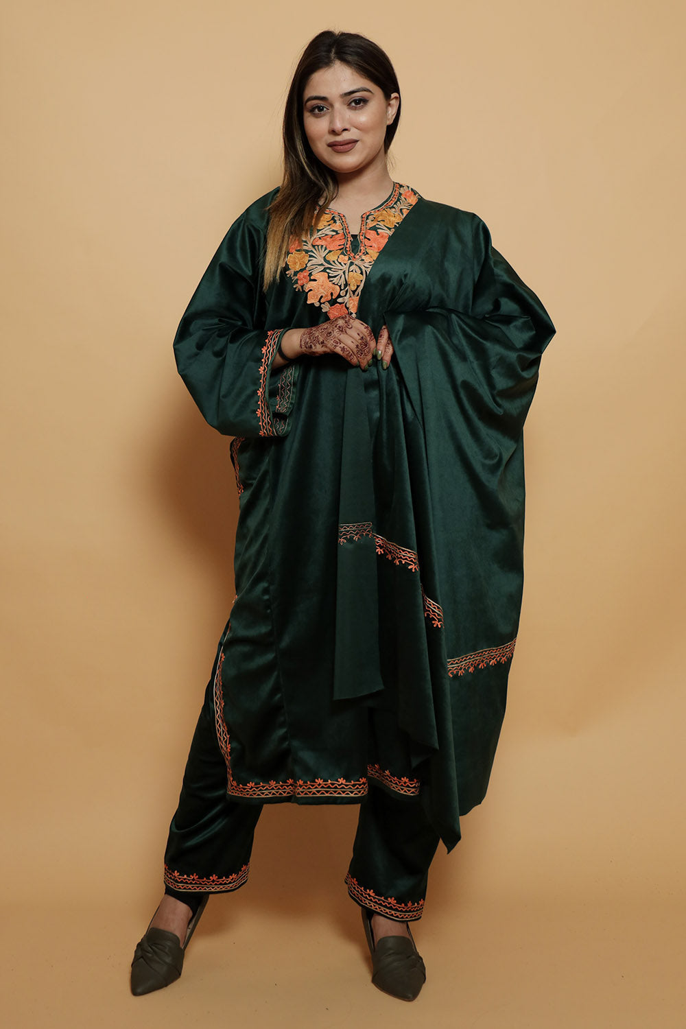 Dark Green Color Kashmiri Pheran Set With Kashida Aari Work