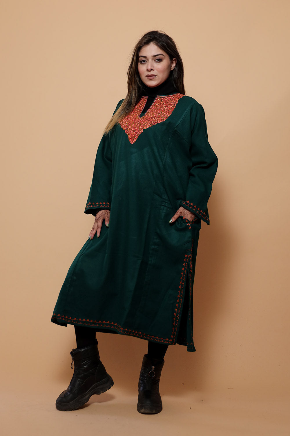 Dark Green Color Kashmiri Work Embroidered Phiran Enriched