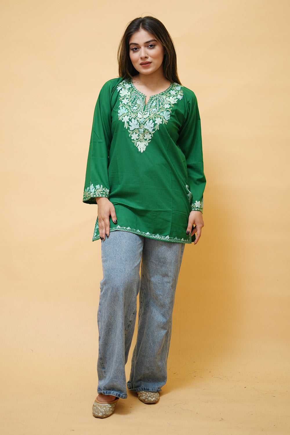 Dark Green Cotton Aari Work Kurti With Multicoloured
