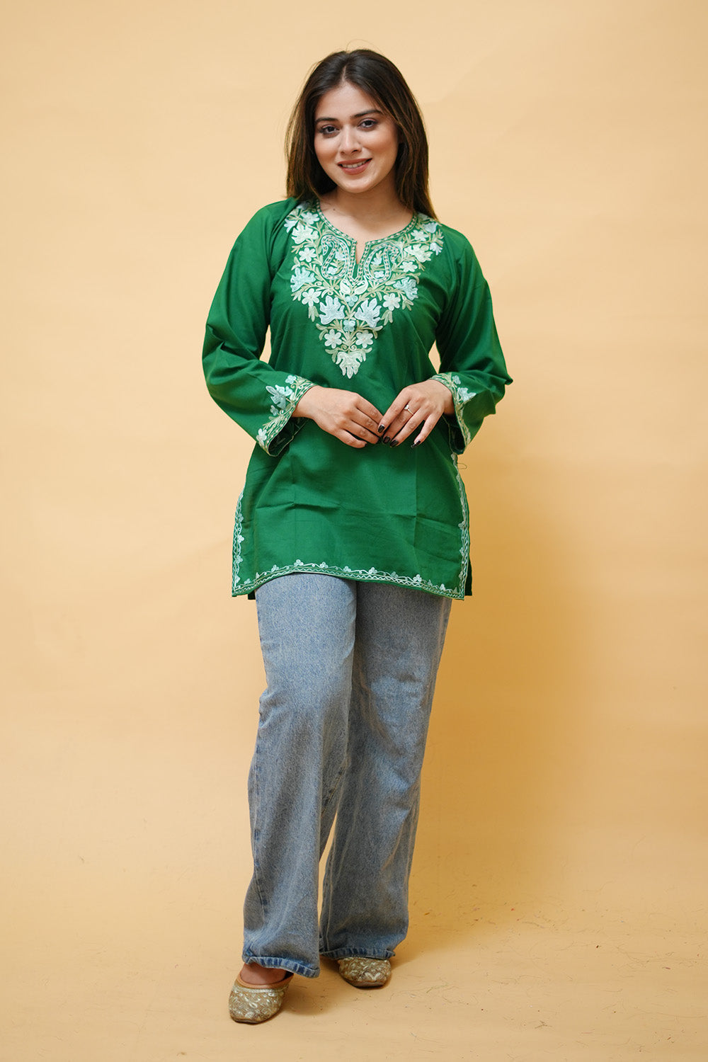 Dark Green Cotton Aari Work Kurti With Multicoloured