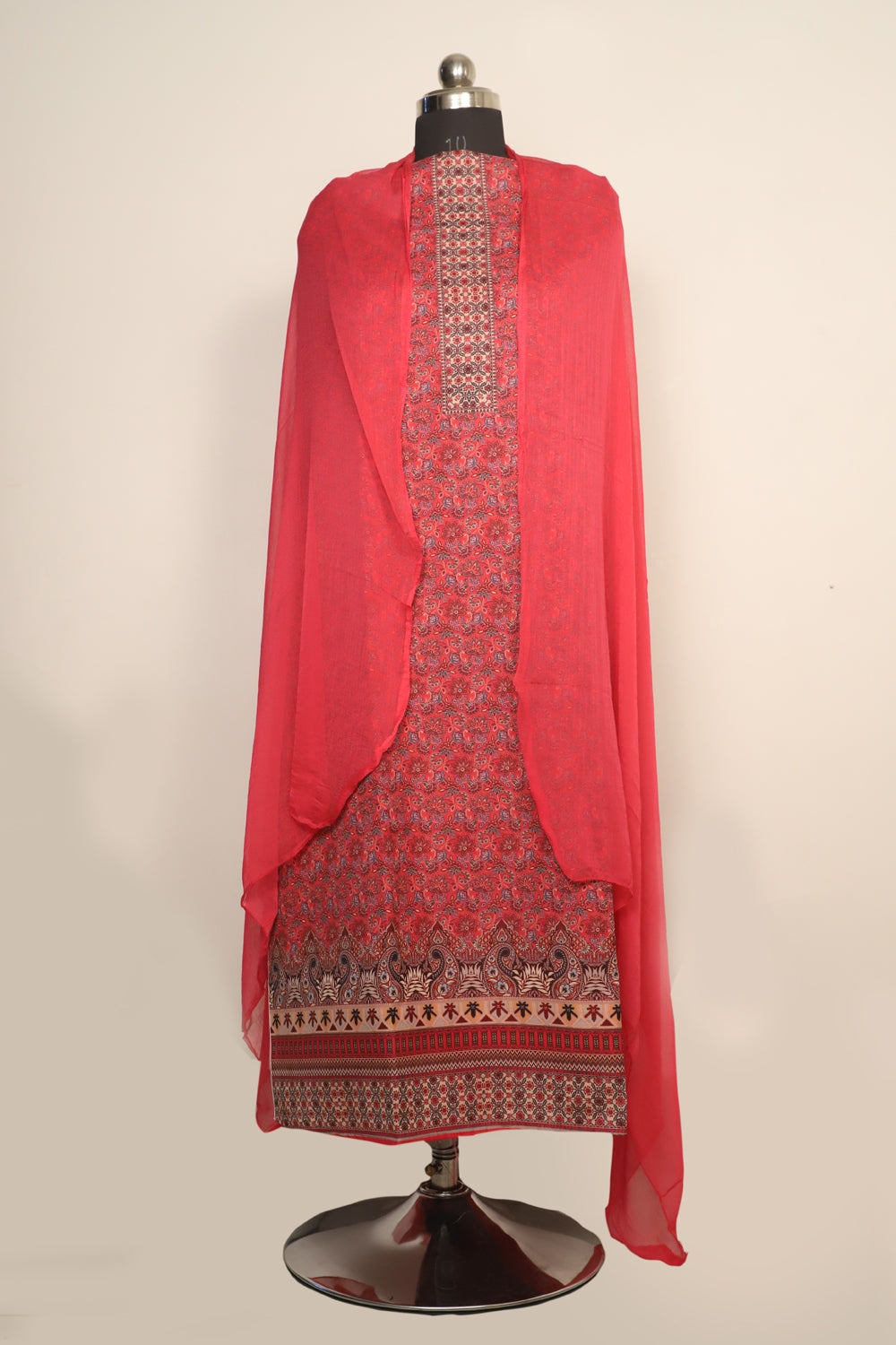 Dark pink Colour Cotton Kani Printer Unstitched Suit Fabric