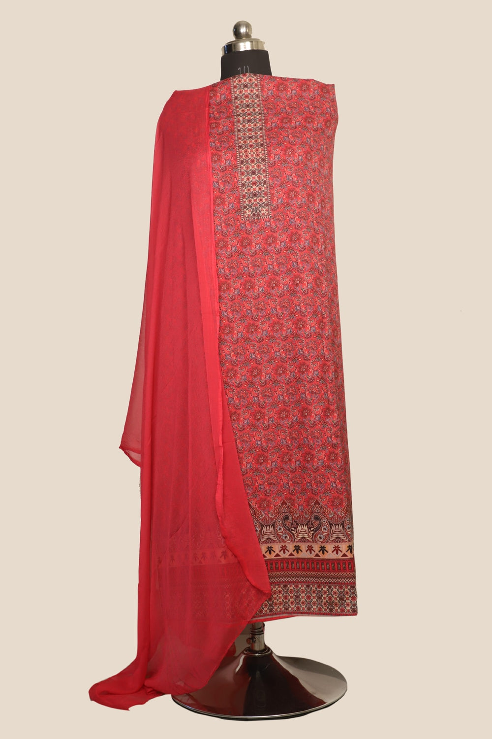 Dark pink Colour Cotton Kani Printer Unstitched Suit Fabric