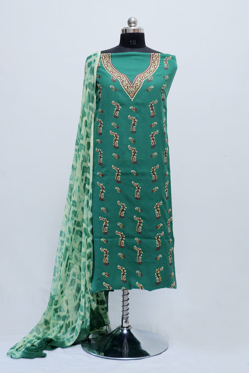 Grass Green Colour Cotton Suit With Beautiful Kashmiri