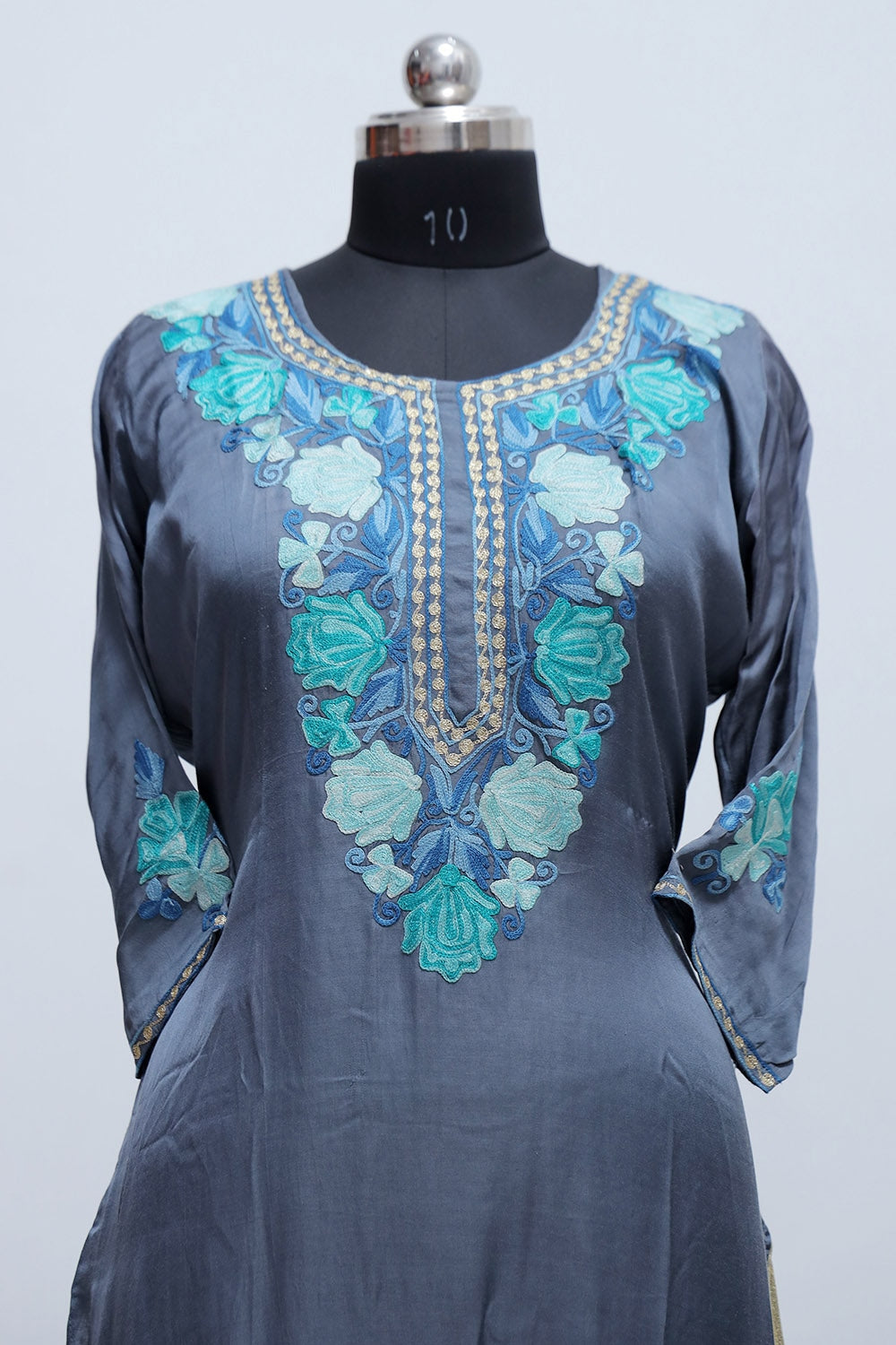 Gray Colour Kashmiri Crepe Kurti With Beautiful Aari