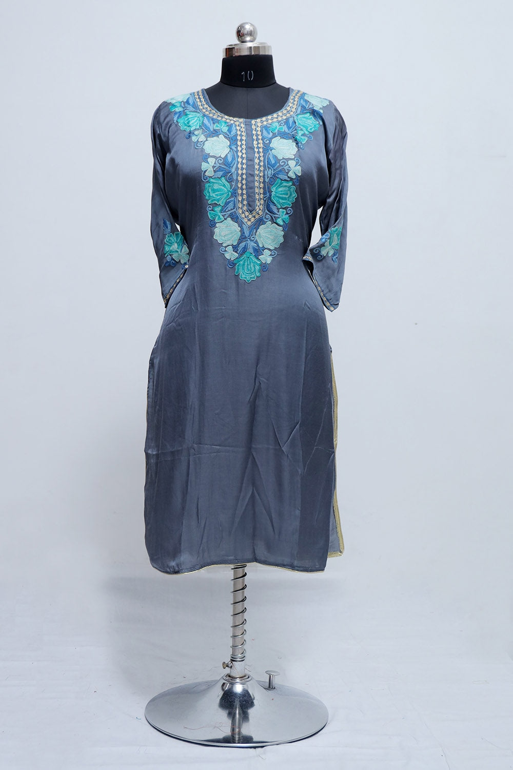 Gray Colour Kashmiri Crepe Kurti With Beautiful Aari