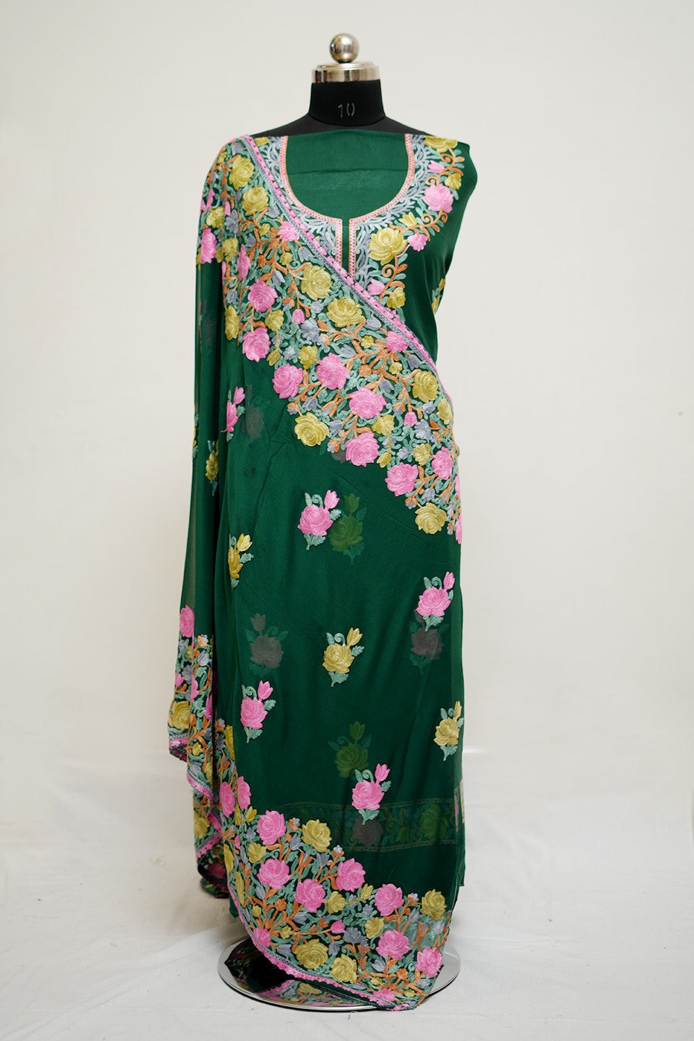 Green Aari Work Salwar Kameez With Neckline Rose Pattern