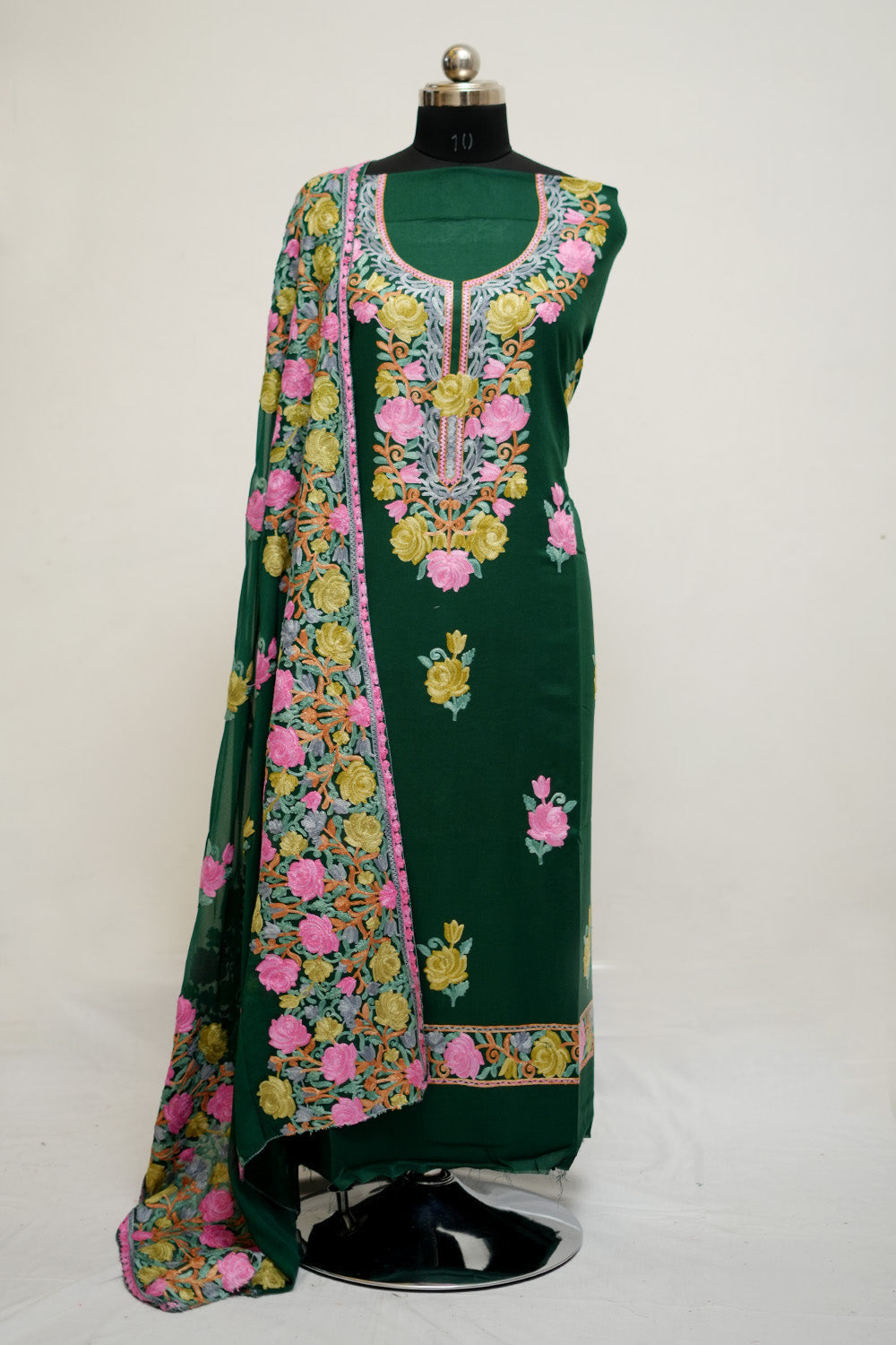 Green Aari Work Salwar Kameez With Neckline Rose Pattern