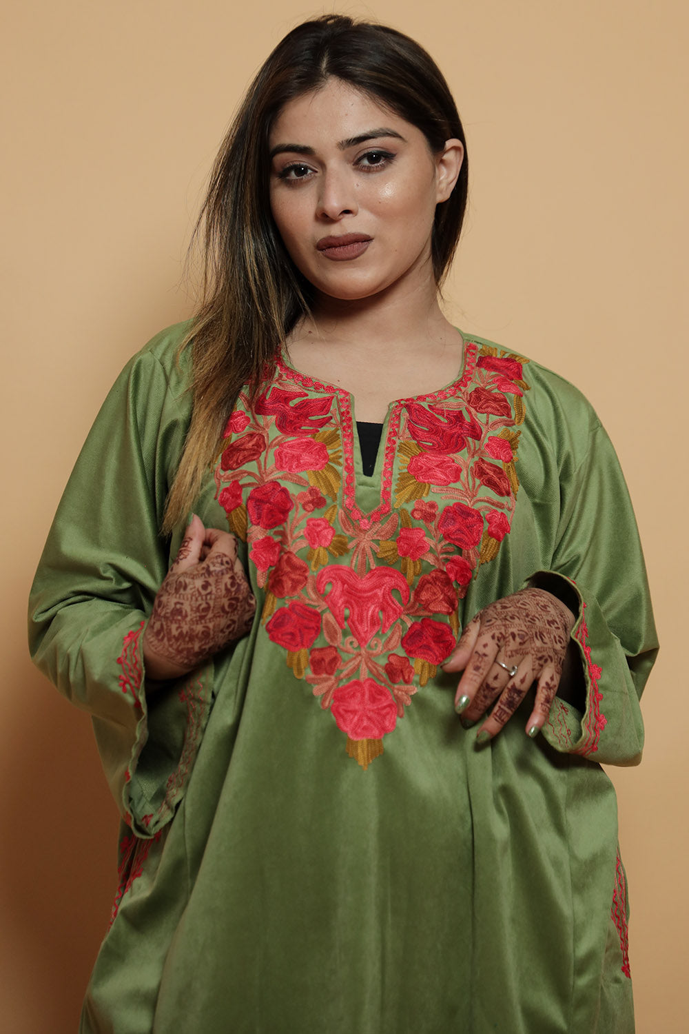 Green Color Kashmiri Pheran Set With Kashida Aari Work