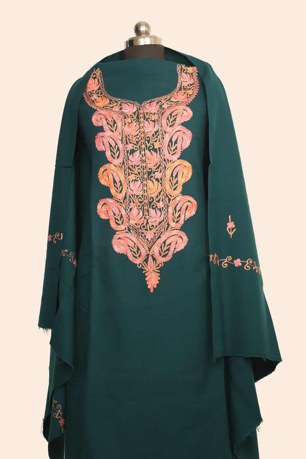 Green Color Kashmiri Woolen Aari Work Embroidered