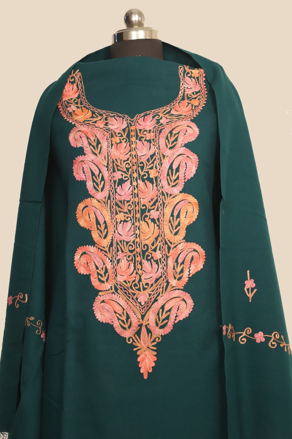 Green Color Kashmiri Woolen Aari Work Embroidered