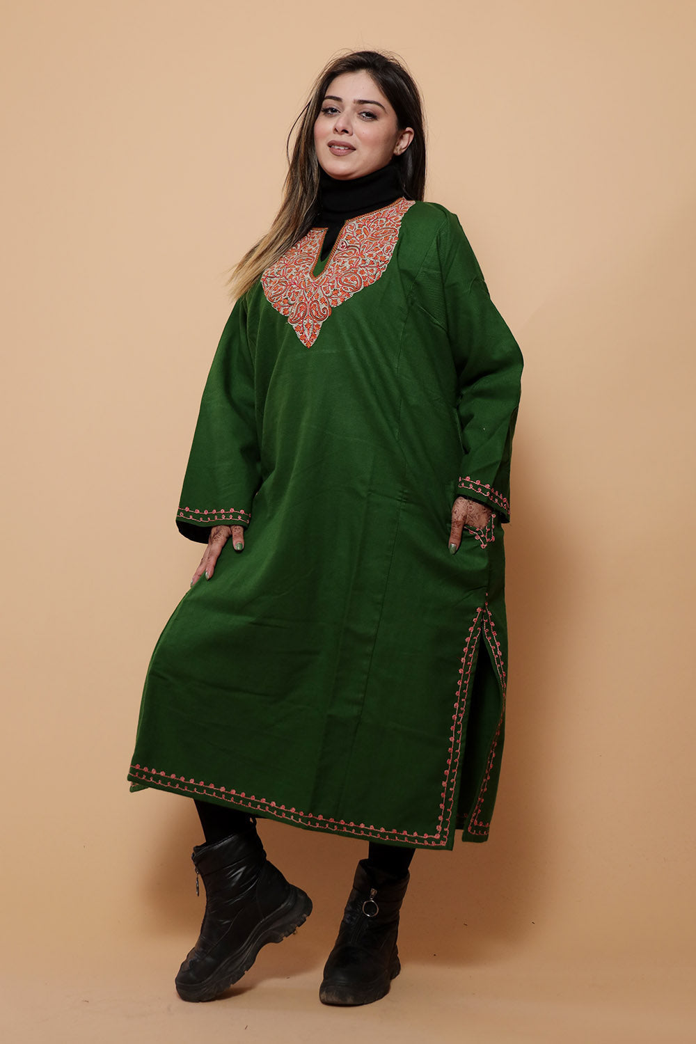Green Color Kashmiri Work Embroidered Phiran Enriched