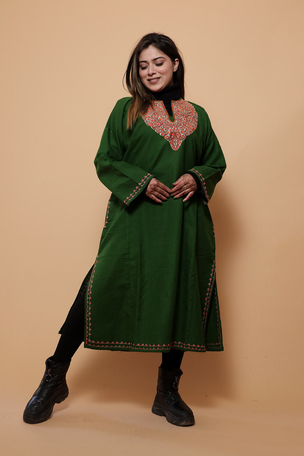 Green Color Kashmiri Work Embroidered Phiran Enriched