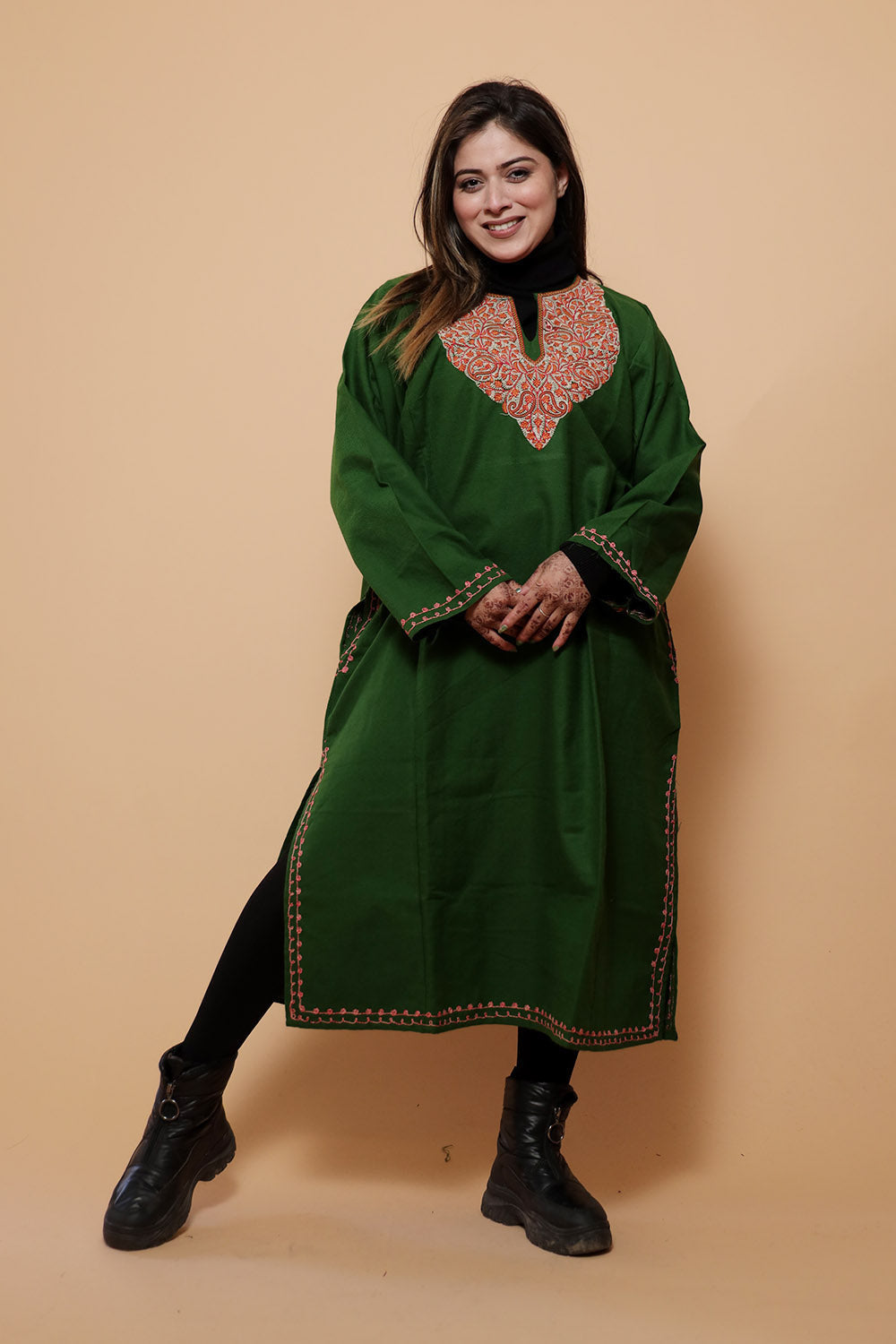 Green Color Kashmiri Work Embroidered Phiran Enriched