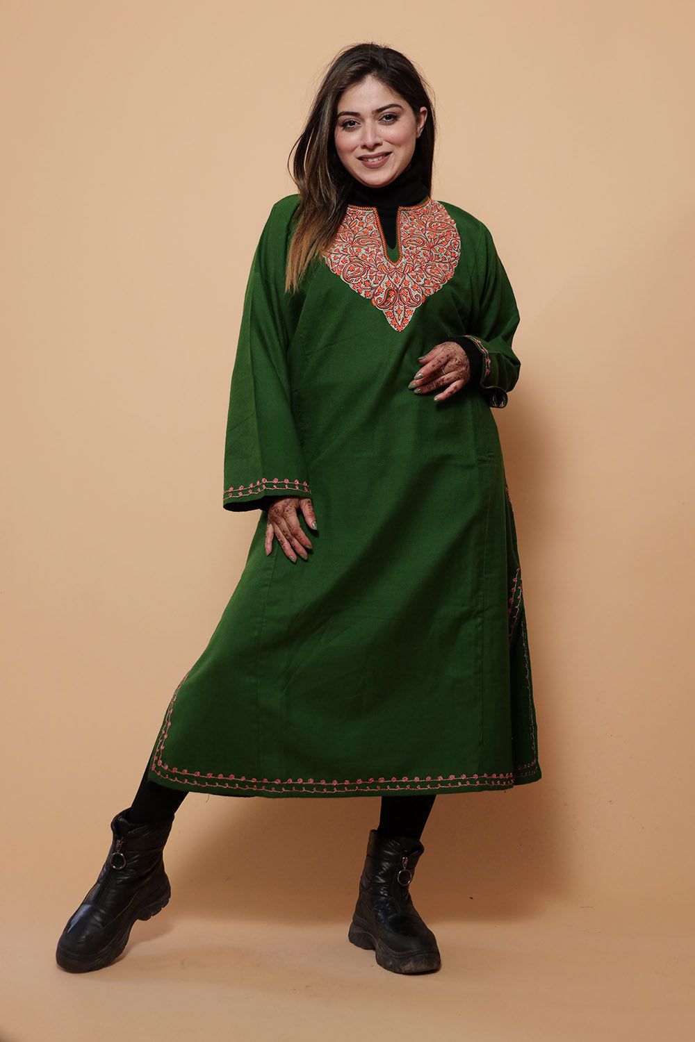 Green Color Kashmiri Work Embroidered Phiran Enriched