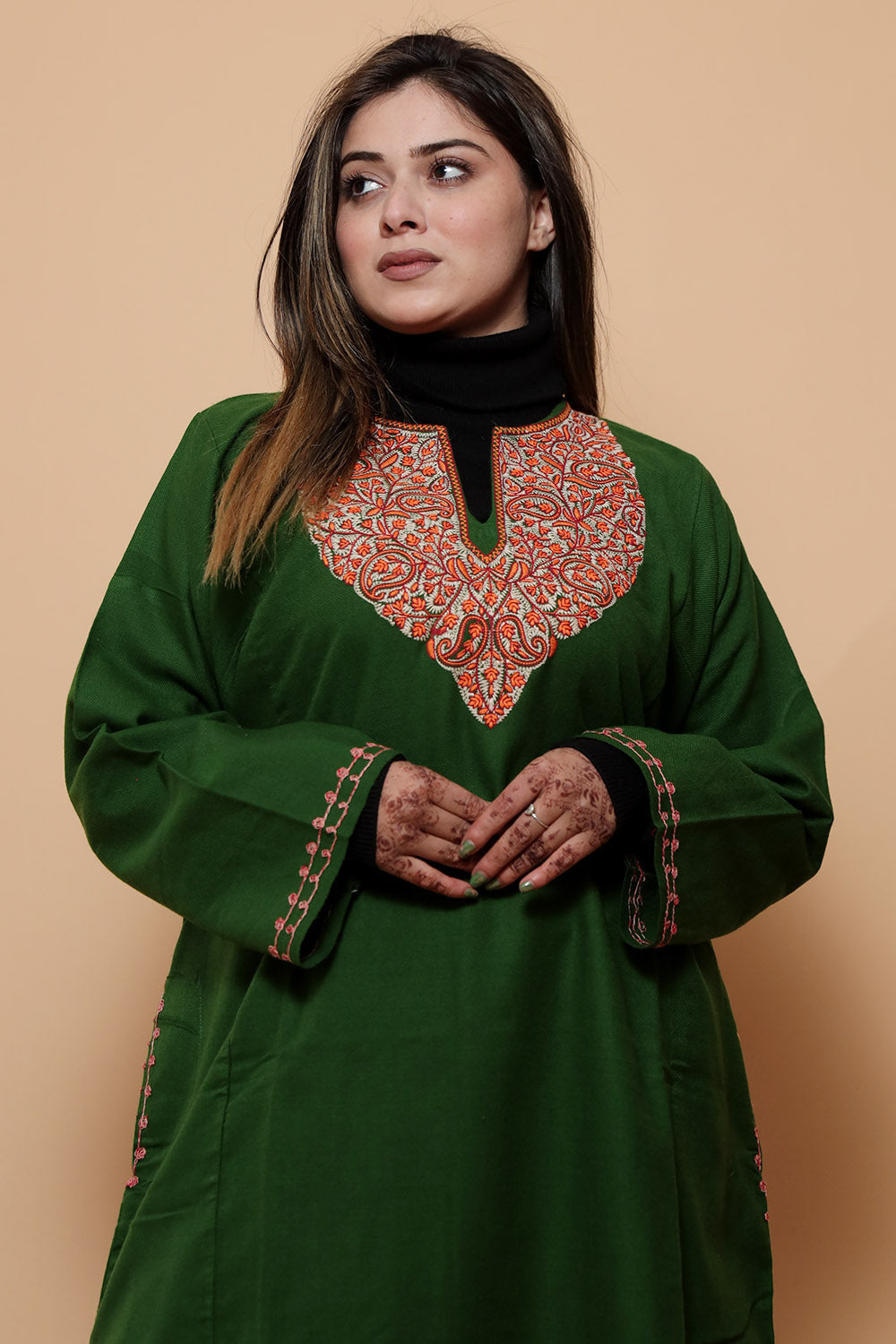 Green Color Kashmiri Work Embroidered Phiran Enriched