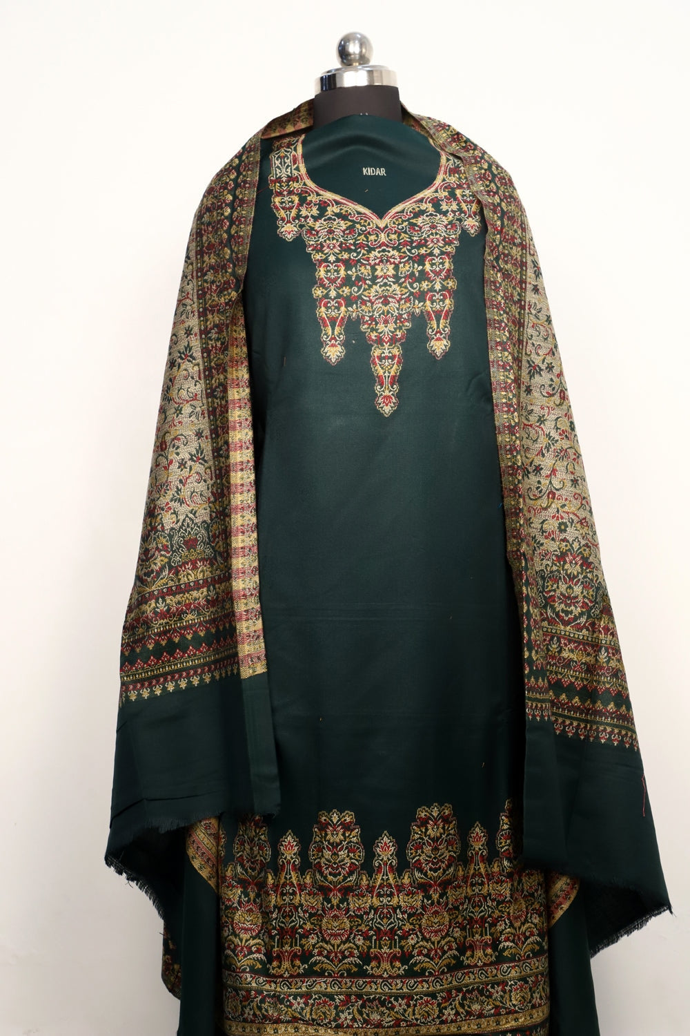 Green Color Woolen Kashmiri Kani Work Unstitched Suit
