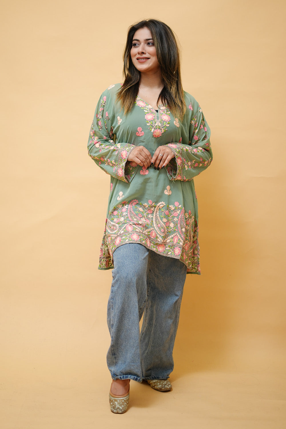 Green Colour Aari Work Neck Short Kashmiri Kurti