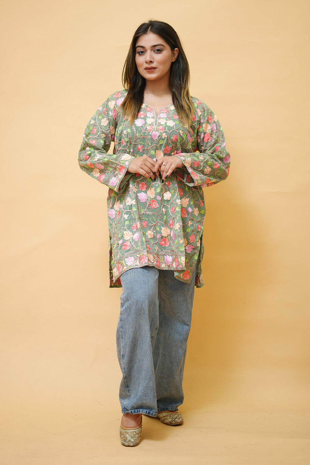 Green Colour Aari Work Neck Short Kashmiri Kurti