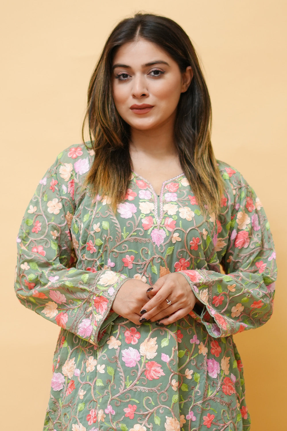 Green Colour Aari Work Neck Short Kashmiri Kurti