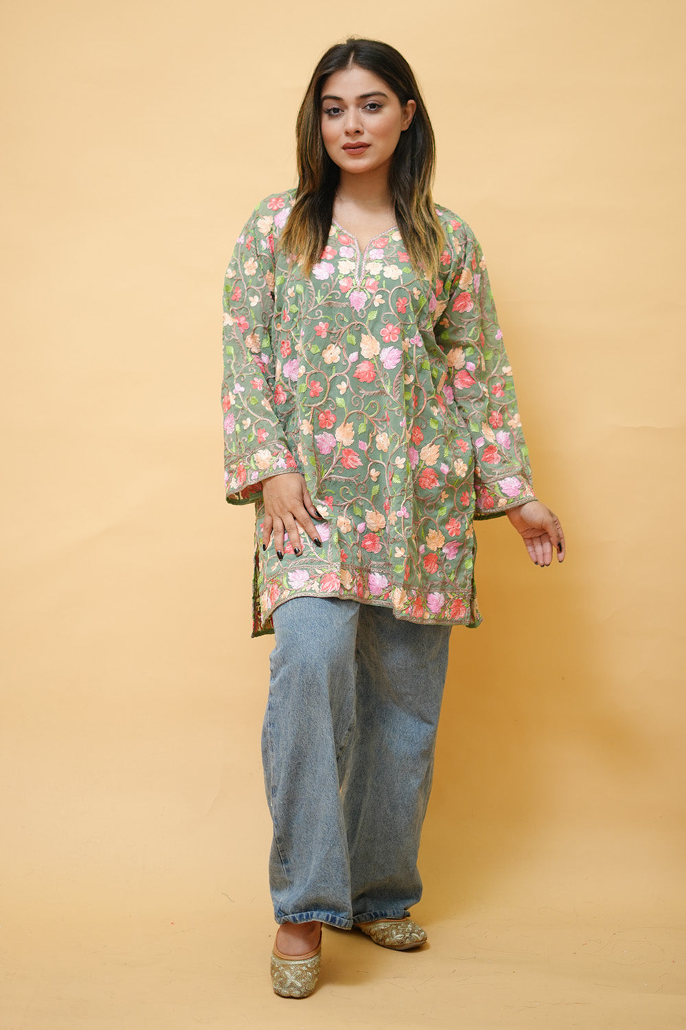 Green Colour Aari Work Neck Short Kashmiri Kurti