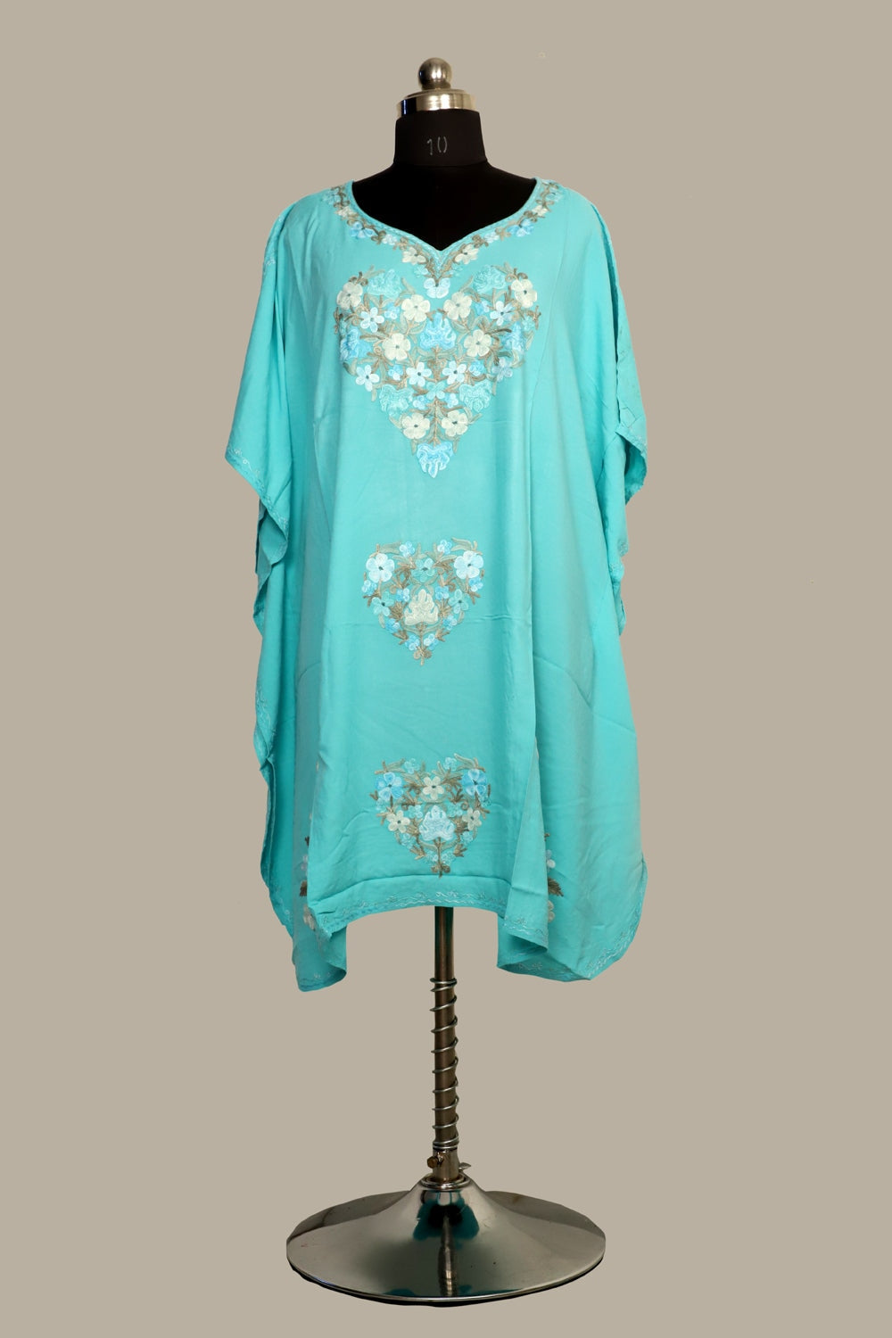 Sea Green Colour Cotton Kashmiri Aari Work Designer Kaftan