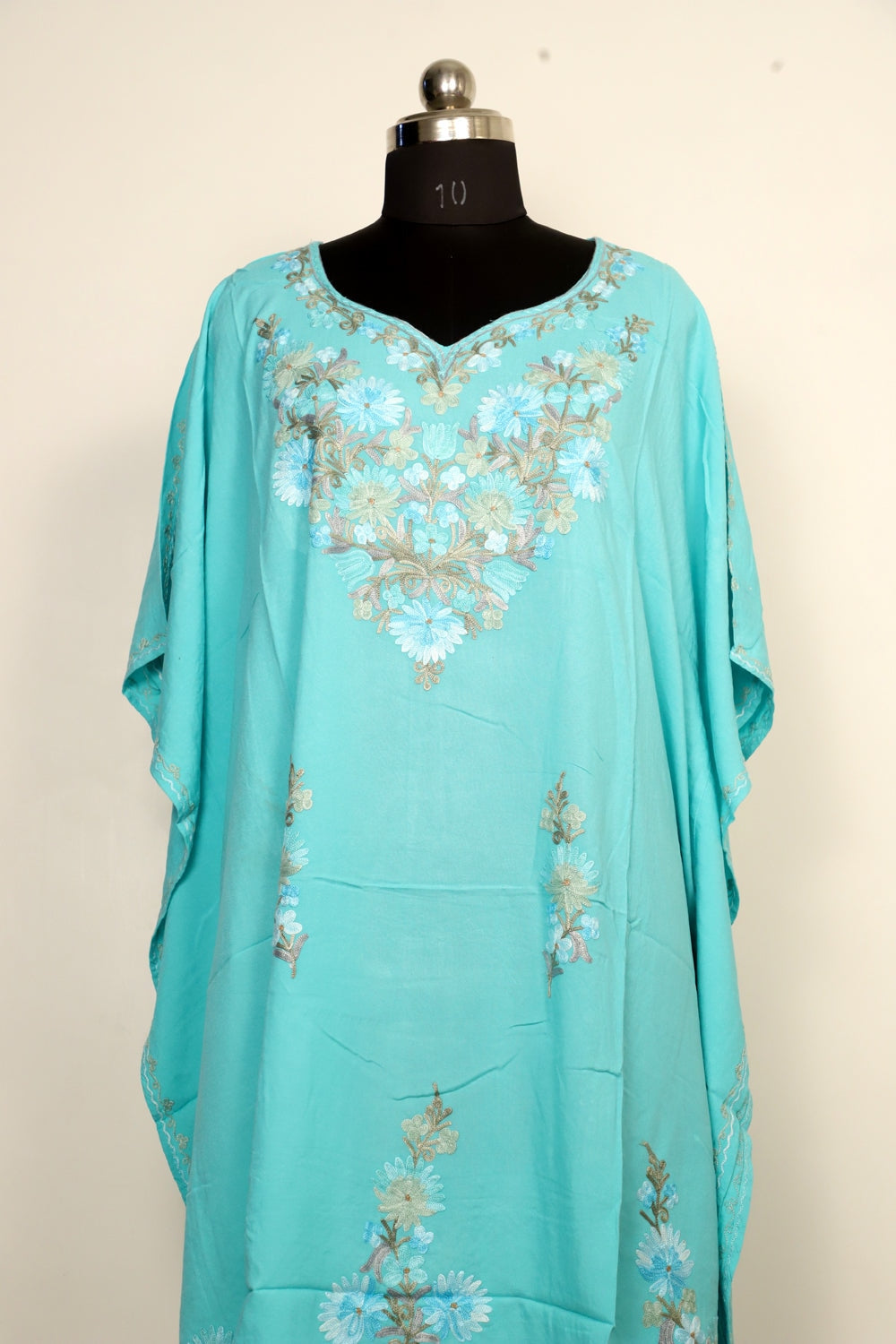 Sea Green Colour Cotton Kashmiri Aari Work Designer Kaftan