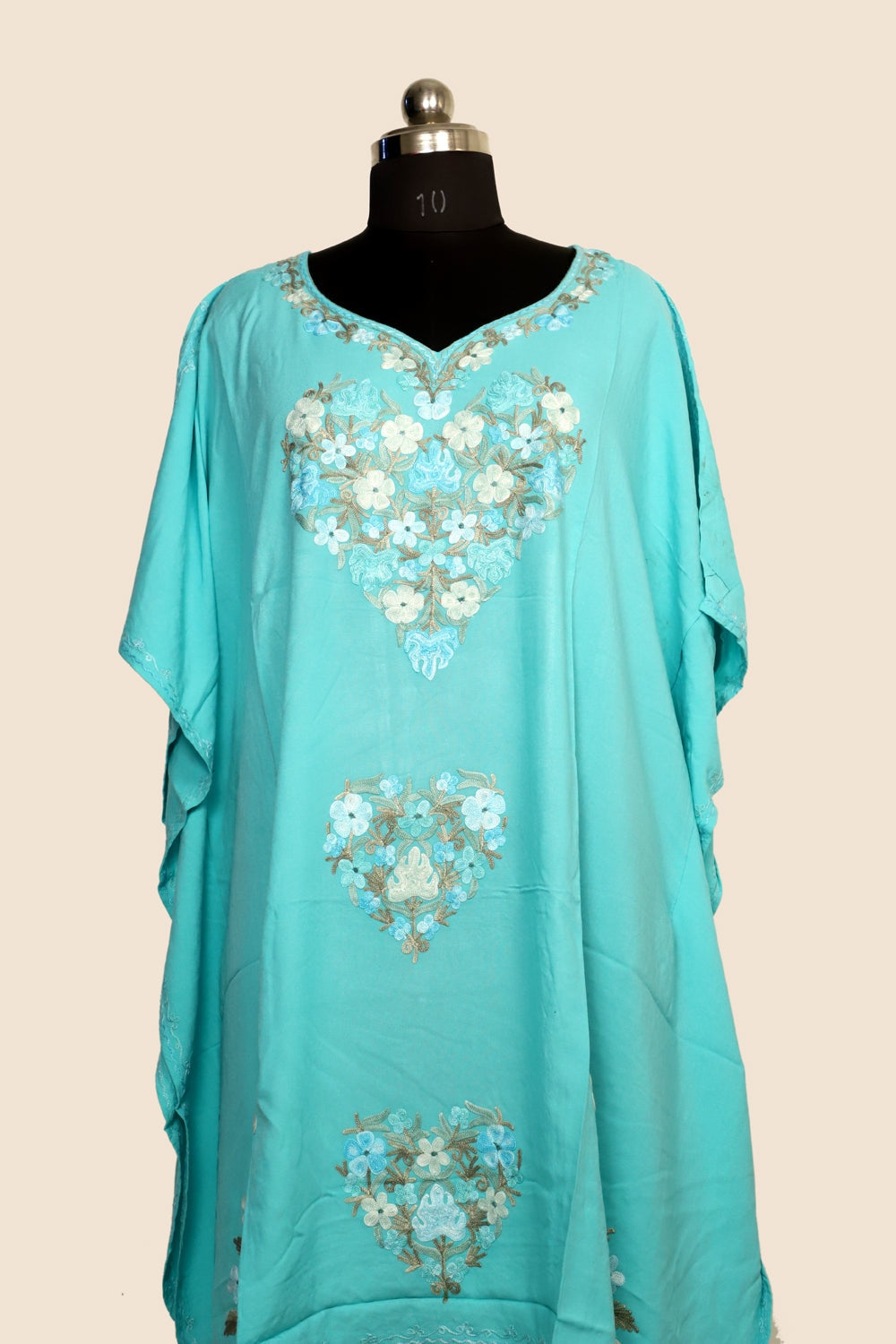 Sea Green Colour Cotton Kashmiri Aari Work Designer Kaftan