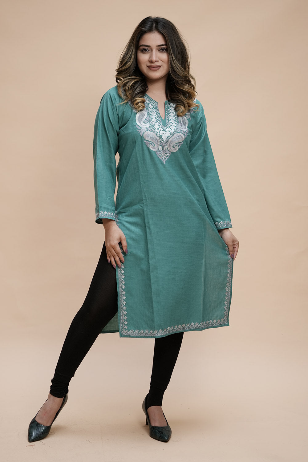 Green Colour Cotton Kurti With Kashmiri Motifs Latest