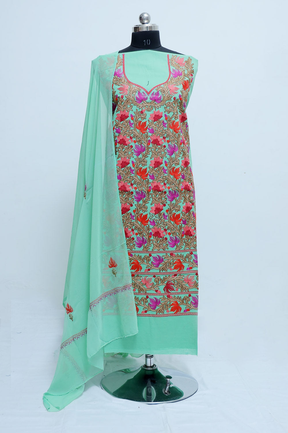 Sea Green Colour Cotton Suit With Aari Embroidery Heavy