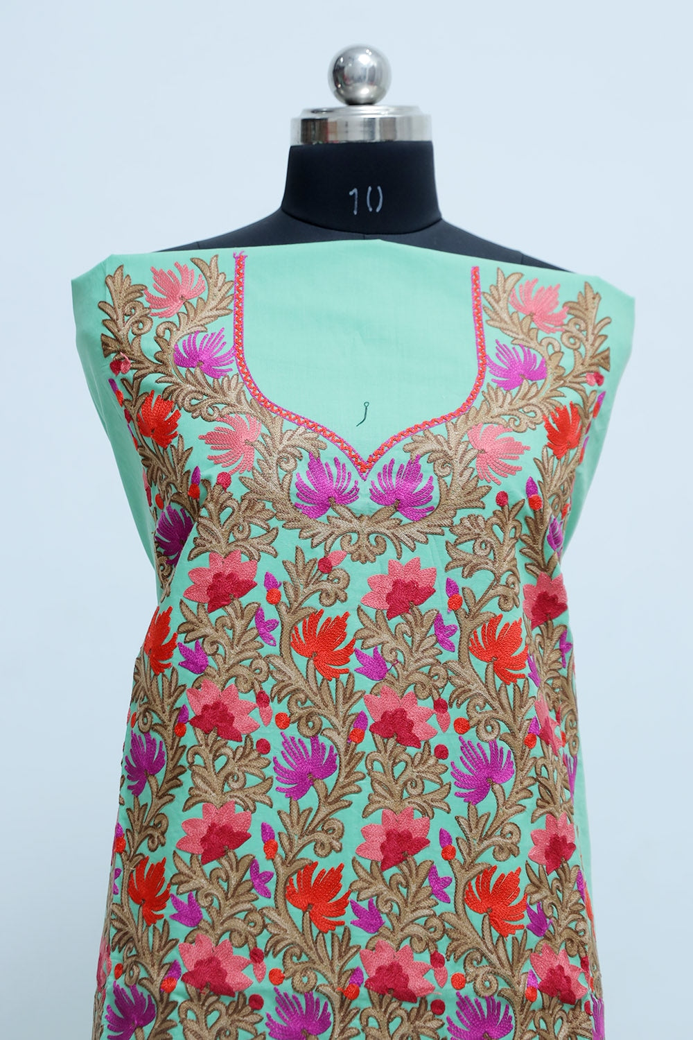 Sea Green Colour Cotton Suit With Aari Embroidery Heavy