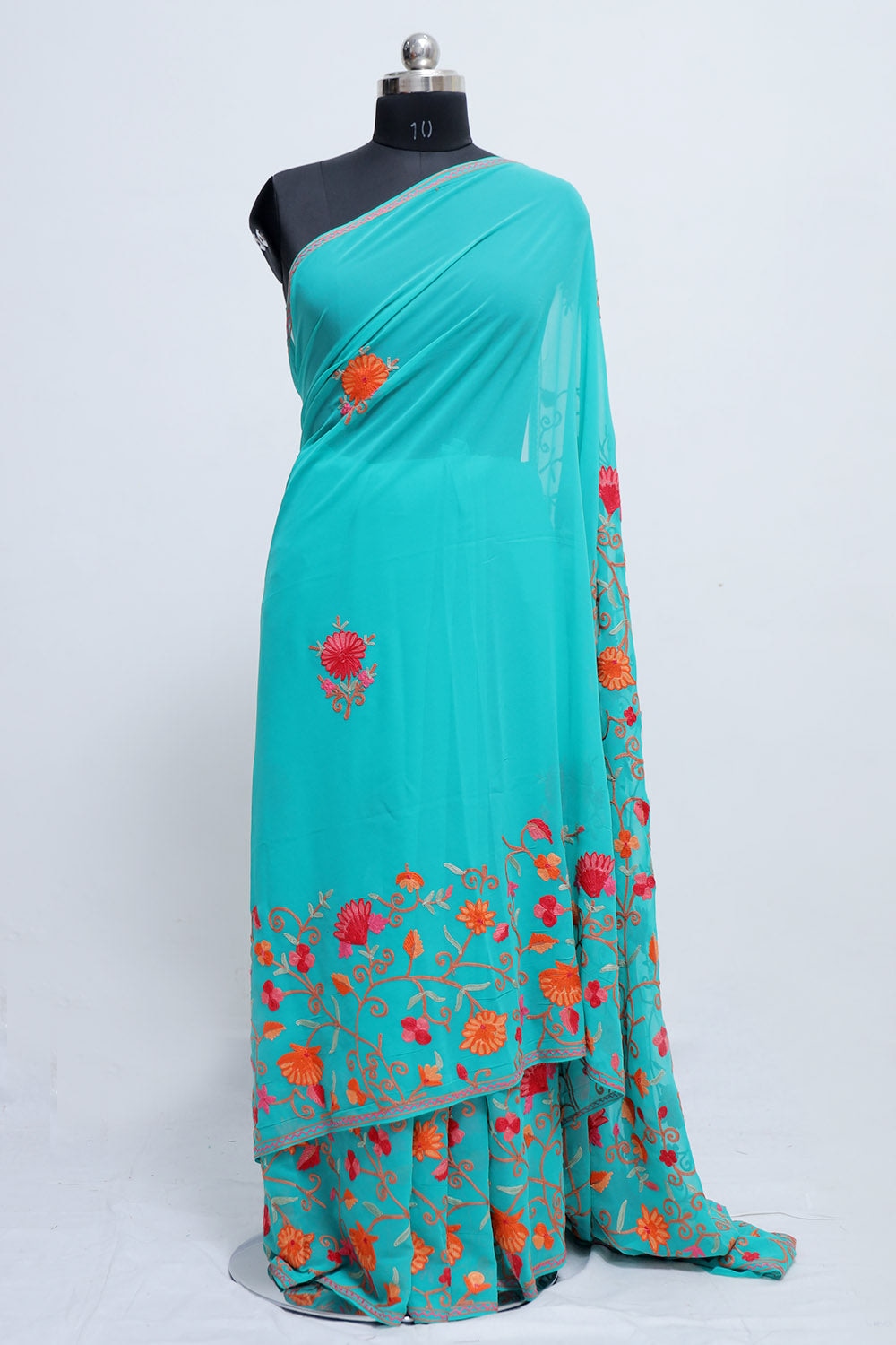 Sea Green Colour Georgette Saree With Beautiful Multicolour