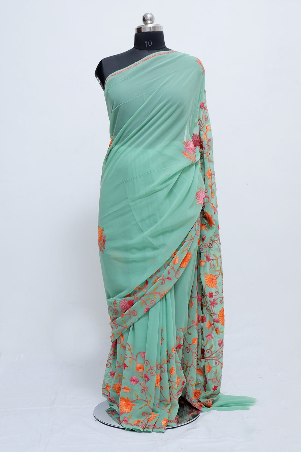 Sea Green Colour Georgette Saree With Beautiful Multicolour