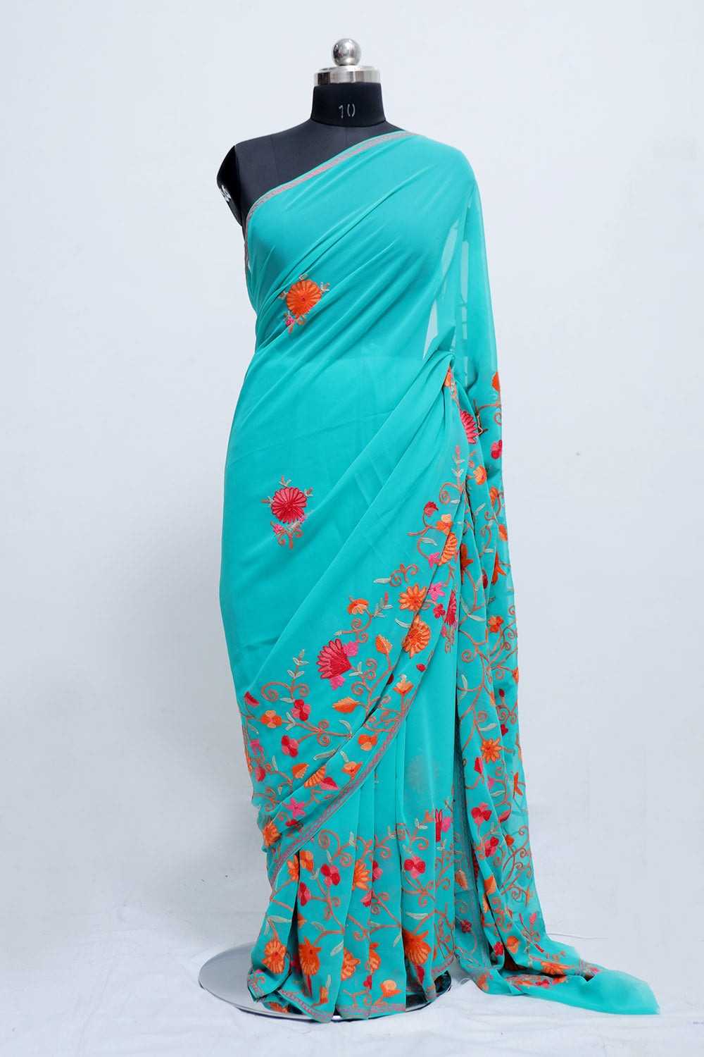 Sea Green Colour Georgette Saree With Beautiful Multicolour