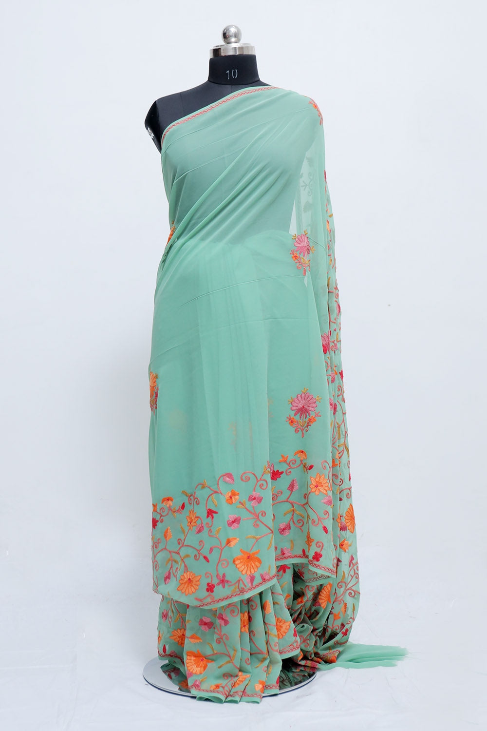 Sea Green Colour Georgette Saree With Beautiful Multicolour